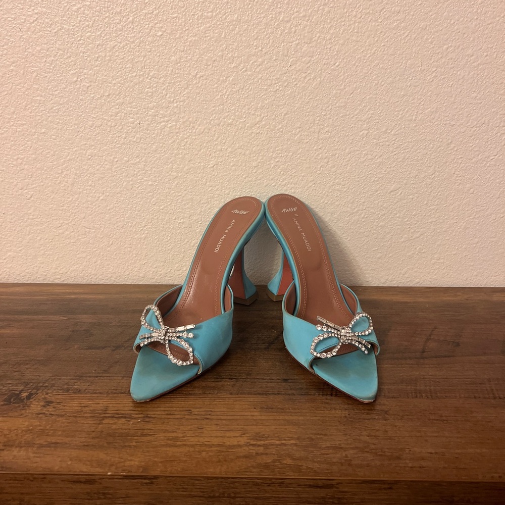 Amina Muaddi Turquoise Heels with Crystal Bow
